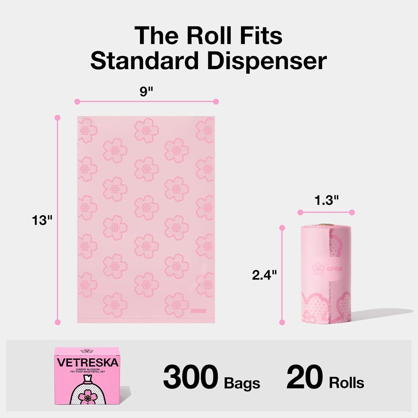 Cherry Blossom Scented Dog Poop Bags, Leak Proof, Extra Thick and Large Pet Waste Bags for Dog Walking and Cat Litter, 20 Refill Rolls, 300 Bags, Pink