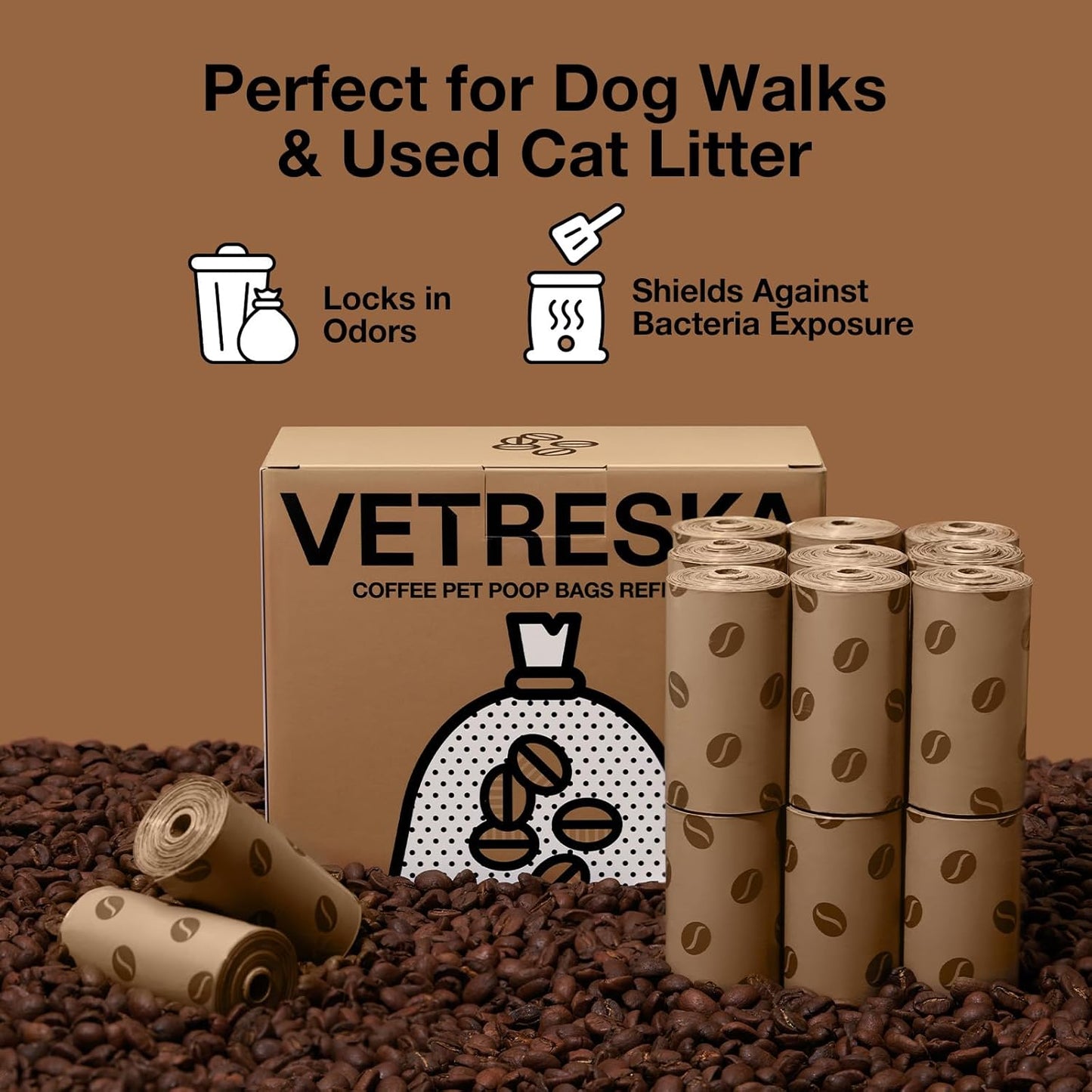 Dog Poop Bags, Coffee Scented Waste Bags, Leak Proof, Extra Thick and Large Dog Pet Bags for Dogs and Cats - 300 Count (20 Refill Rolls)