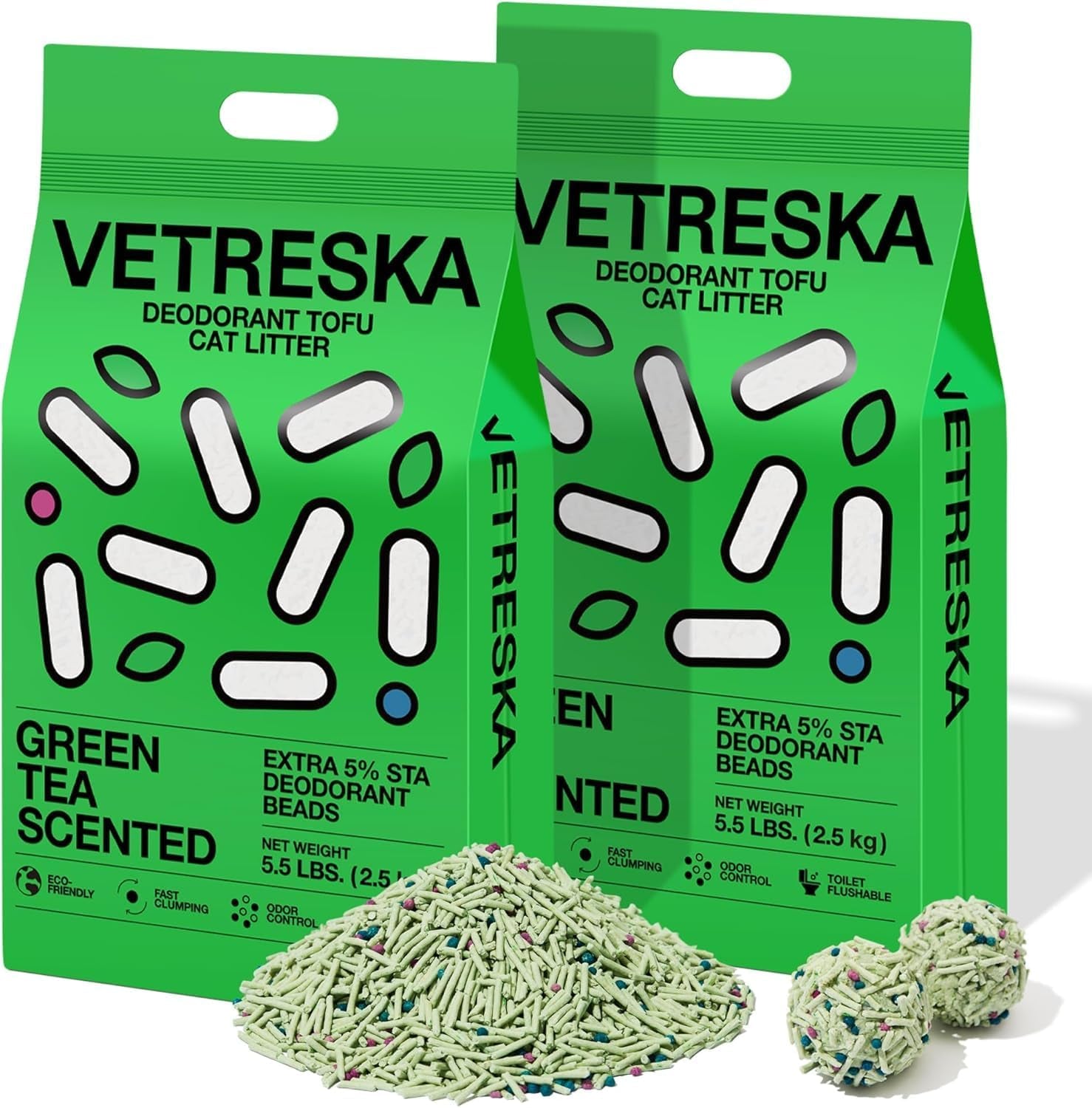 Tofu Cat Litter,Natural Kitty Litter Strong Clumping Flushable Cat Litter Pellets Ultra Absorbent,Odor Control,Dust-Free,Low Tracking Eco-Friendly Tofu Litter,Greentea(5.5Lb×2Bags)