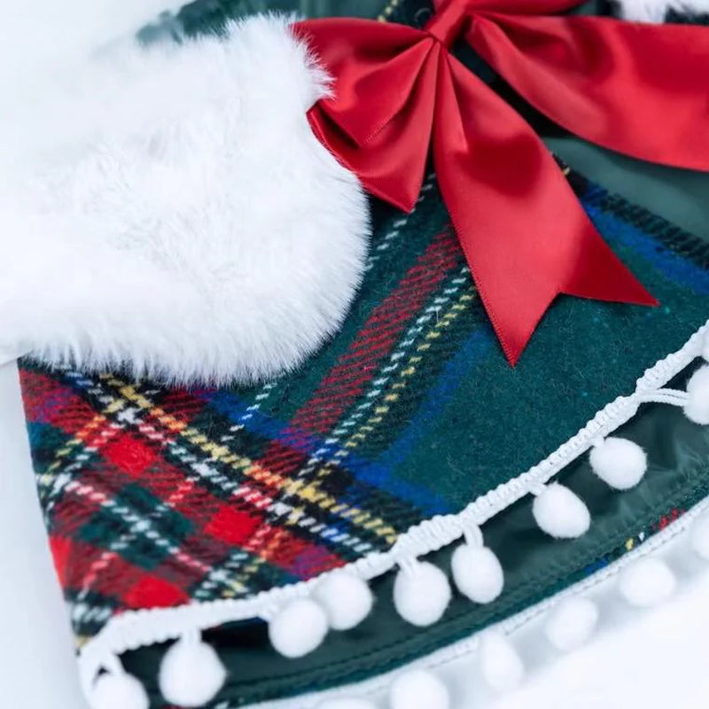 Christmas Dog Bandana with Faux Fur, Plaid Pet Cape with Bow, Holiday Dog Scarf, Cute Cat Outfit, Winter Pet Clothes, Gift for Pets