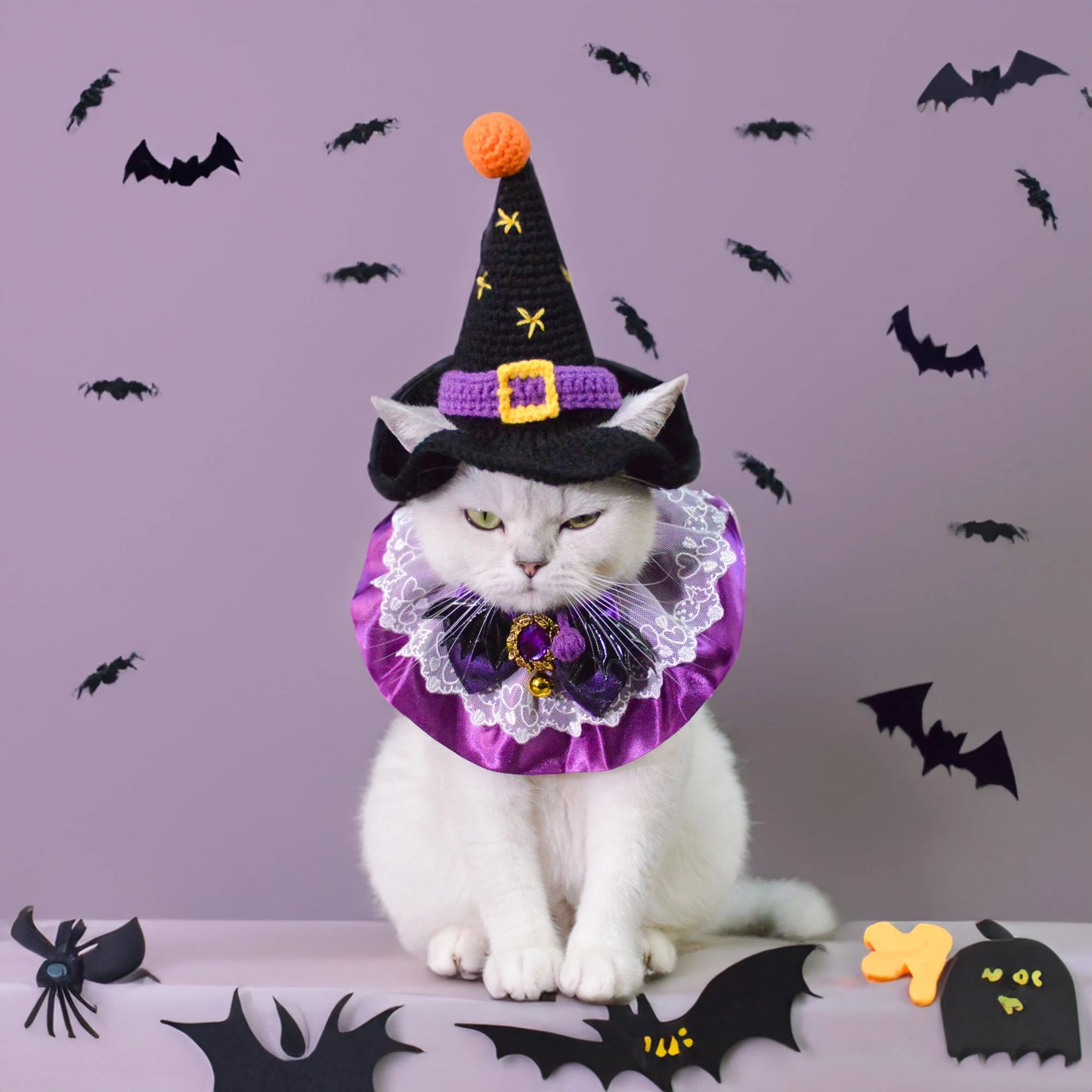 Enchanting Christmas Pet Costume Set - Witch Hat and Purple Queen Collarcat Hat Halloween|Cat Hat Halloween|Knit Cat Hats