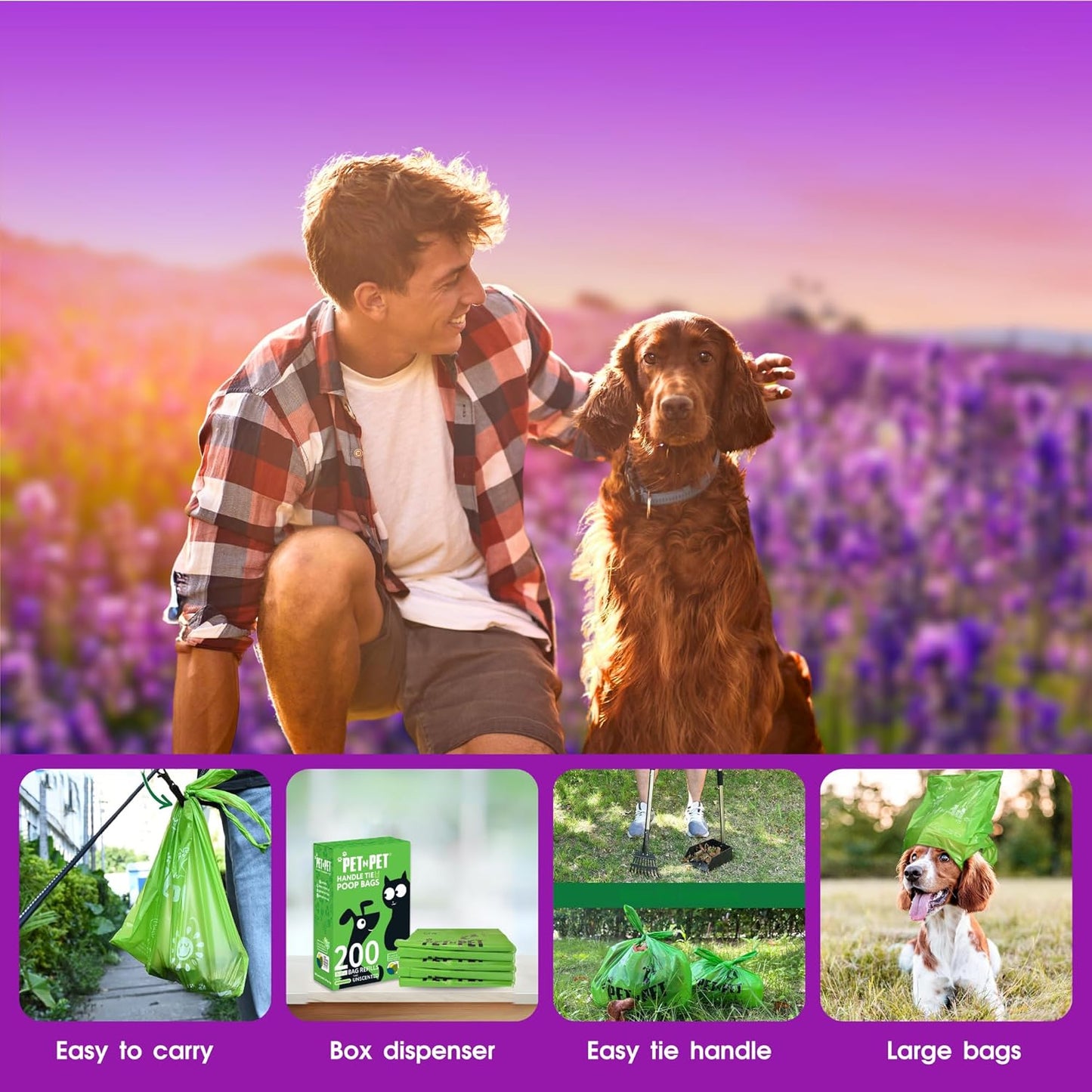 200 Counts Lavender Scented Dog Poop Bags Rolls with Tie Handles, 38% Plant Based & 62% PE Poop Bags for Dogs, Extra-Thick Doggie Poo Bag, Pet Waste Bag