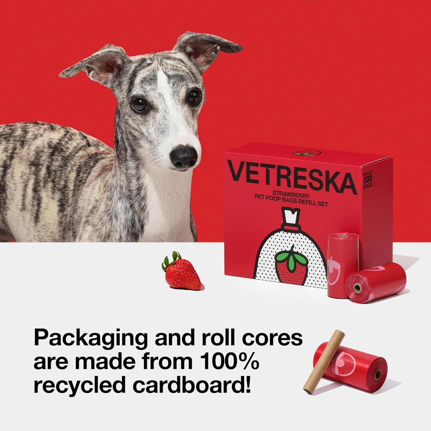 Strawberry Scented Dog Poop Bags, Leak Proof, Extra Thick and Large Pet Waste Bags for Dogs Walking and Cat Litter, 20 Refill Rolls, 300 Bags, Red