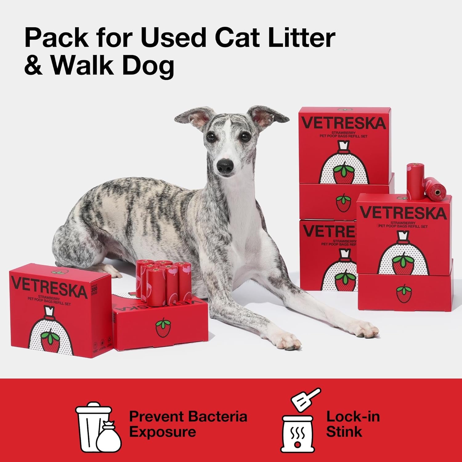Strawberry Scented Dog Poop Bags, Leak Proof, Extra Thick and Large Pet Waste Bags for Dogs Walking and Cat Litter, 20 Refill Rolls, 300 Bags, Red