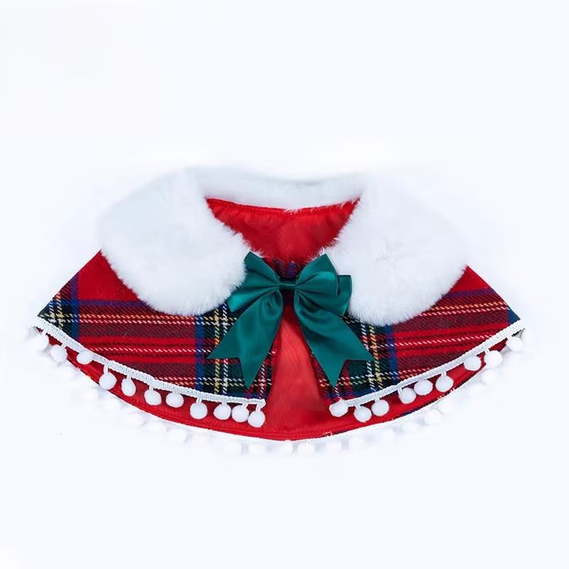 Christmas Dog Bandana with Faux Fur, Plaid Pet Cape with Bow, Holiday Dog Scarf, Cute Cat Outfit, Winter Pet Clothes, Gift for Pets