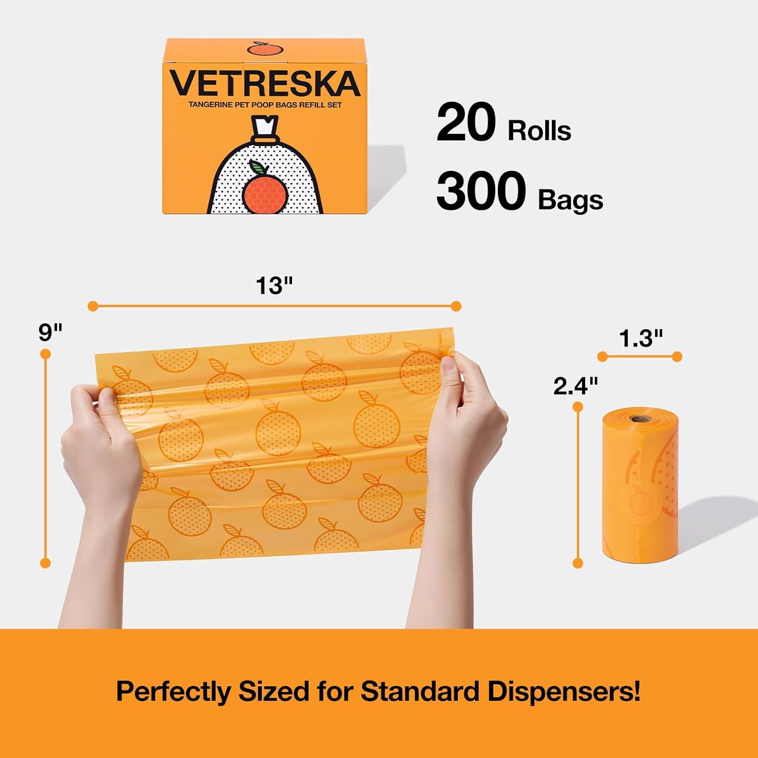 Citrus Scented Dog Poop Bags, Leak Proof, Extra Thick and Large Pet Waste Bags for Dogs Walking, Cat Litter and Babies' Diaper, 300 Count Bags (20 Refill Rolls), Orange