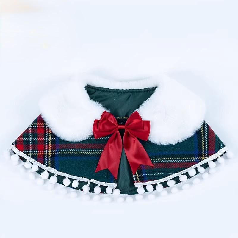 Christmas Dog Bandana with Faux Fur, Plaid Pet Cape with Bow, Holiday Dog Scarf, Cute Cat Outfit, Winter Pet Clothes, Gift for Pets