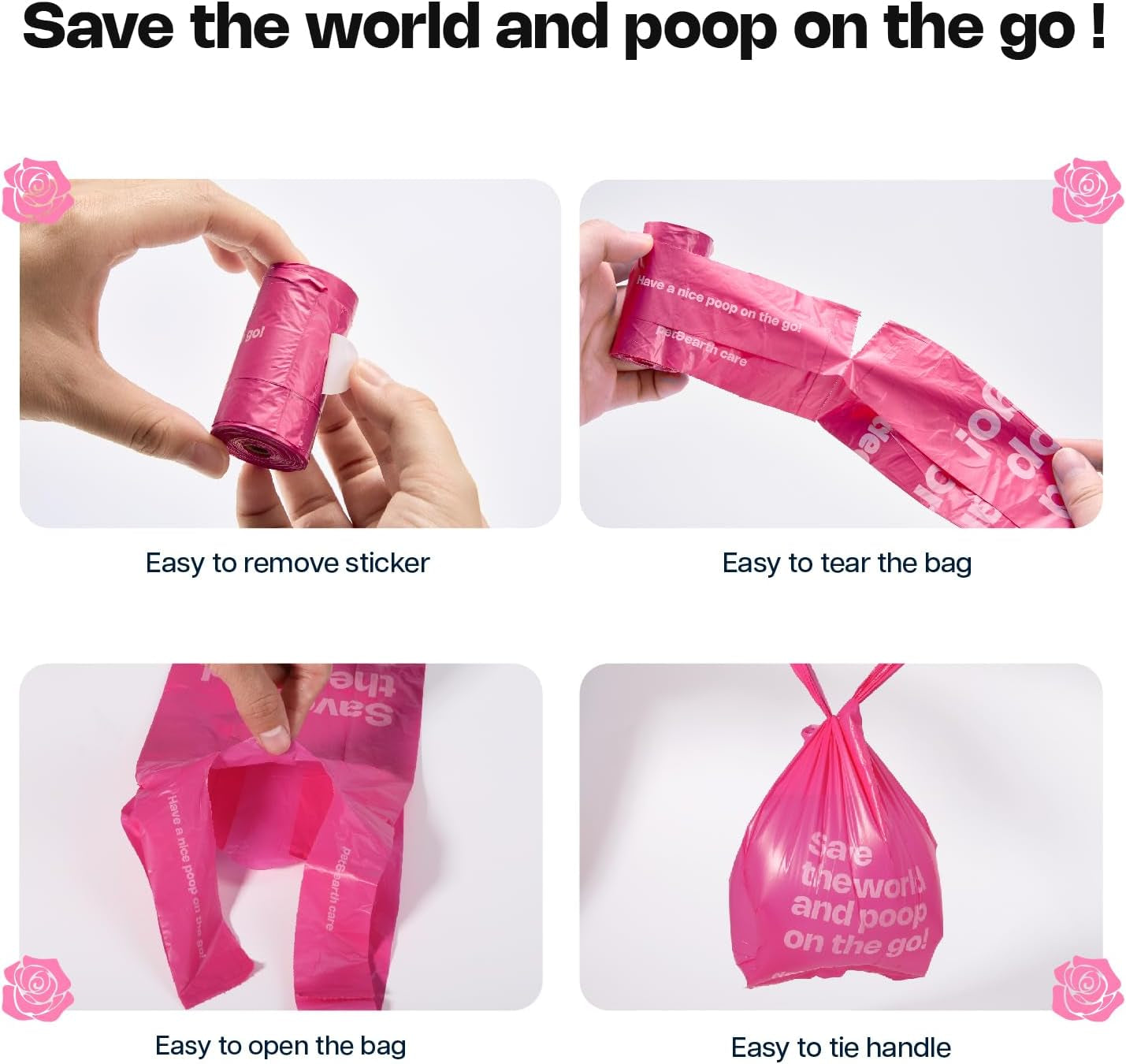 Dog Poop Bags with Handles 9 Rolls 108 Counts Big Sizes Leak Proof and Extra Thick Waste Bags Refill Rolls for Walking Small Medium Large Dogs Cats Litter with Holder Rose Scented