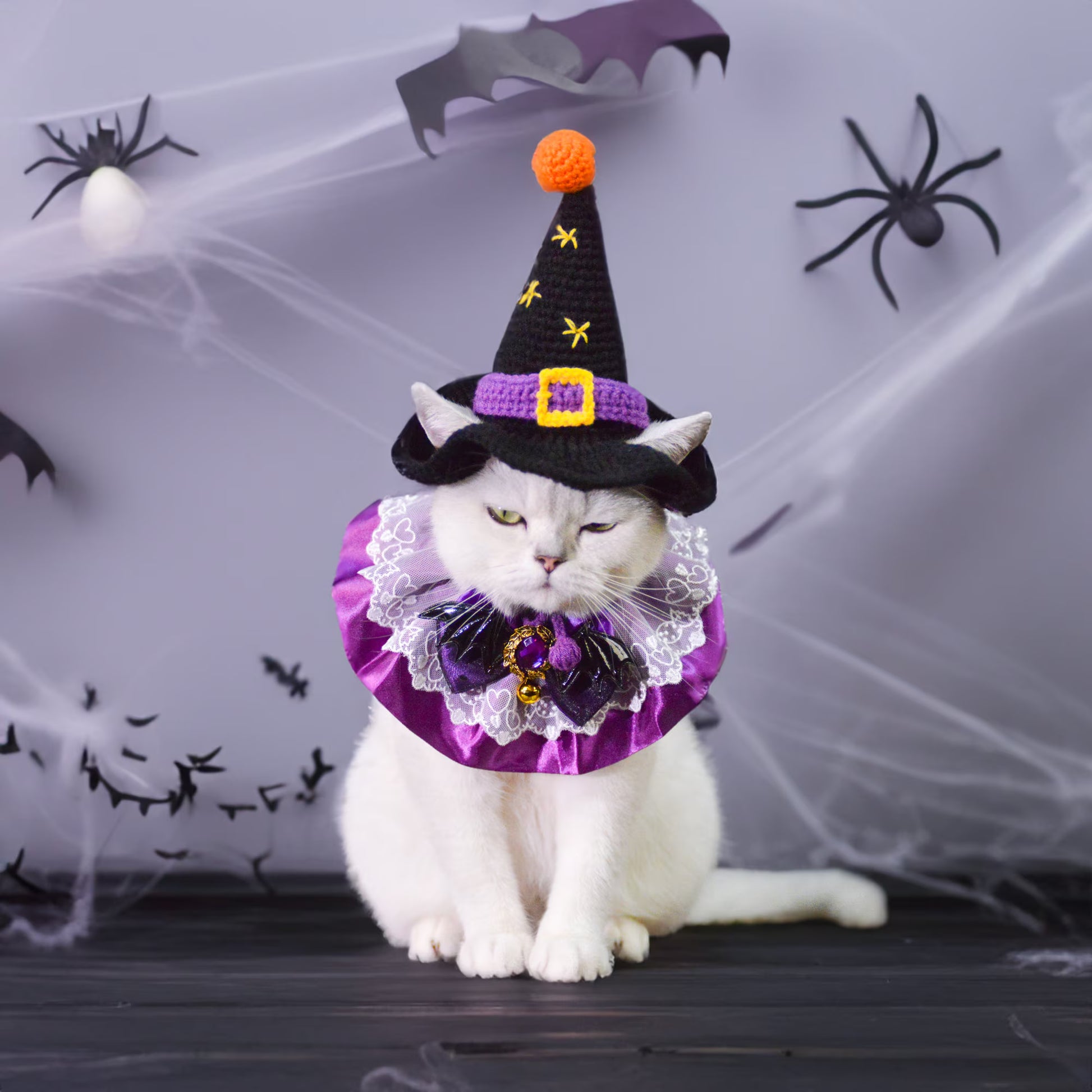 Enchanting Christmas Pet Costume Set - Witch Hat and Purple Queen Collarcat Hat Halloween|Cat Hat Halloween|Knit Cat Hats