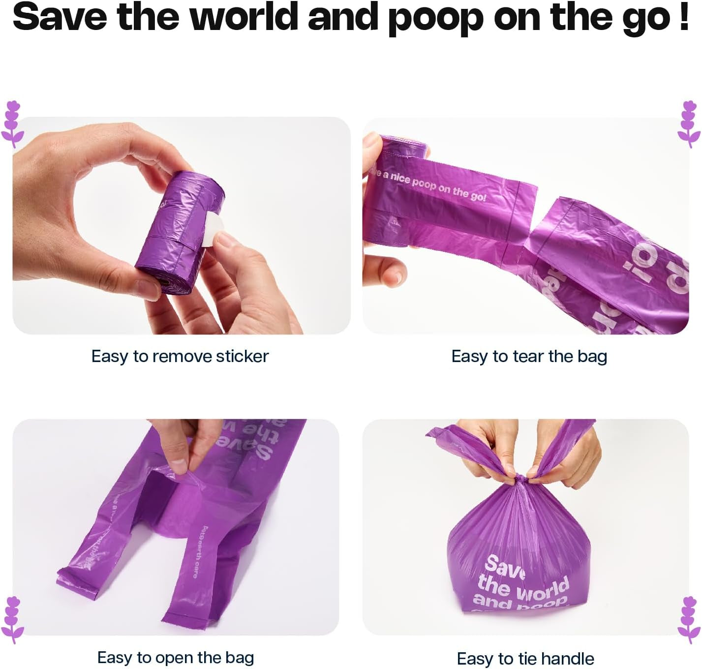 Dog Poop Bags with Handles 60 Rolls 720 Counts Big Sizes Leak Proof and Extra Thick Waste Bags Refill Rolls for Walking Small Medium Large Dogs Cats Litter with 2 Dispensers Lavender Scented