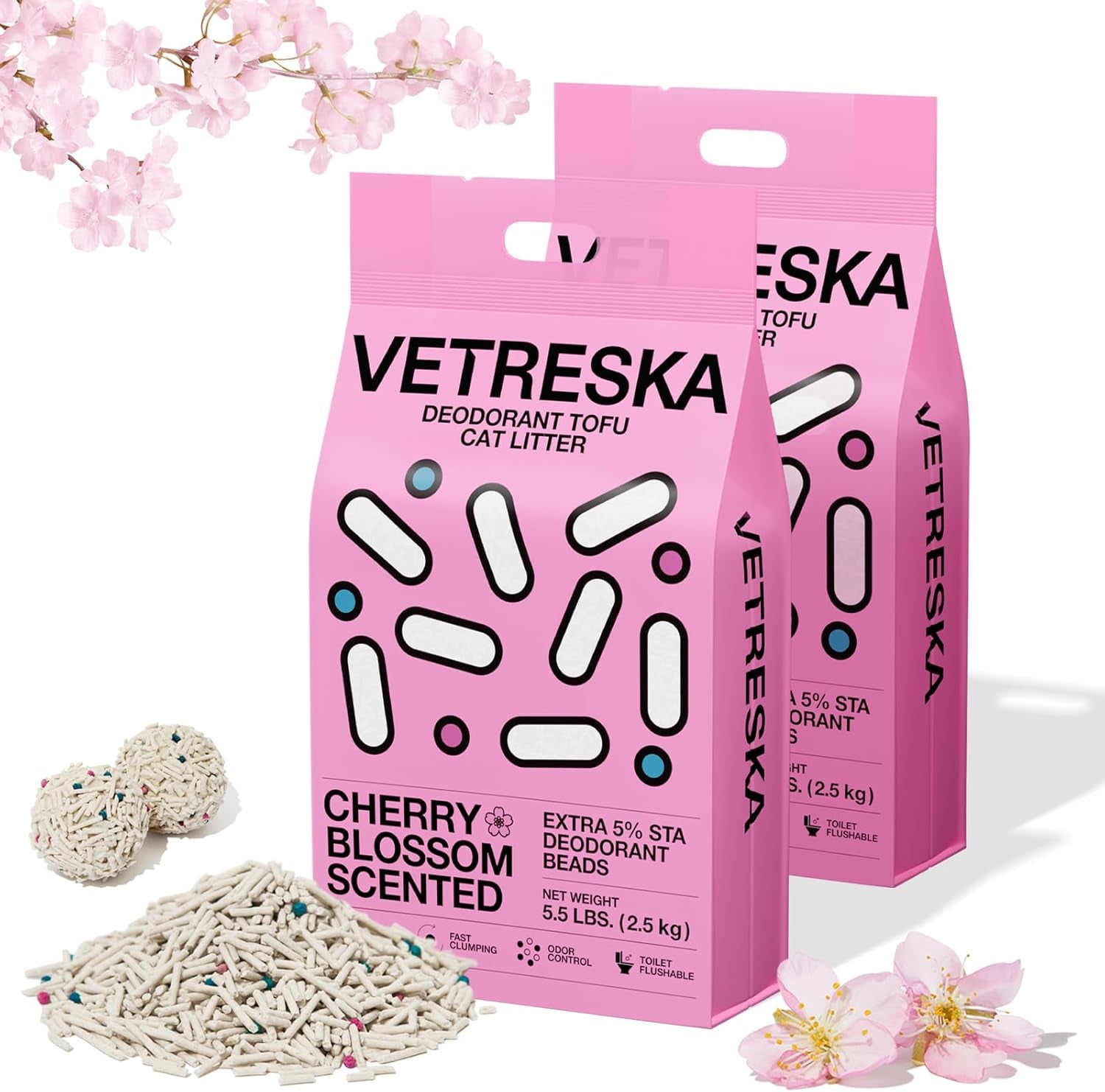 Cherry Blossom Tofu Cat Litter,Natural Kitty Litter Strong Clumping Flushable Cat Litter Pellets Ultra Absorbent,Dust-Free,Low Tracking,Deodorant Tofu Litter Compostable(5.5Lb×2Bags)