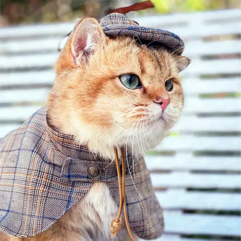 Cat Detective Costume Halloween, Sherlock Holmes Cape & Deerstalker Hat for Cats and Dogs, Pet Detective Outfit Funny Costume Party Dress Up
