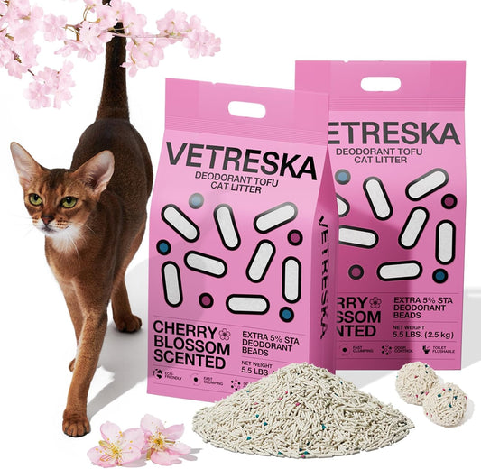 Cherry Blossom Tofu Cat Litter,Natural Kitty Litter Strong Clumping Flushable Cat Litter Pellets Ultra Absorbent,Dust-Free,Low Tracking,Deodorant Tofu Litter Compostable(5.5Lb×2Bags)