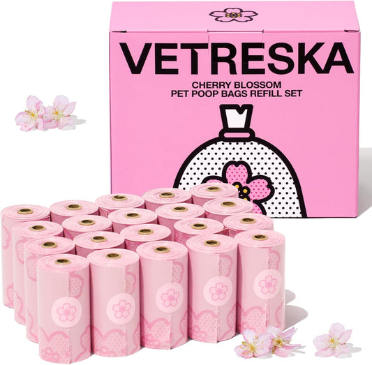 Cherry Blossom Scented Dog Poop Bags, Leak Proof, Extra Thick and Large Pet Waste Bags for Dog Walking and Cat Litter, 20 Refill Rolls, 300 Bags, Pink