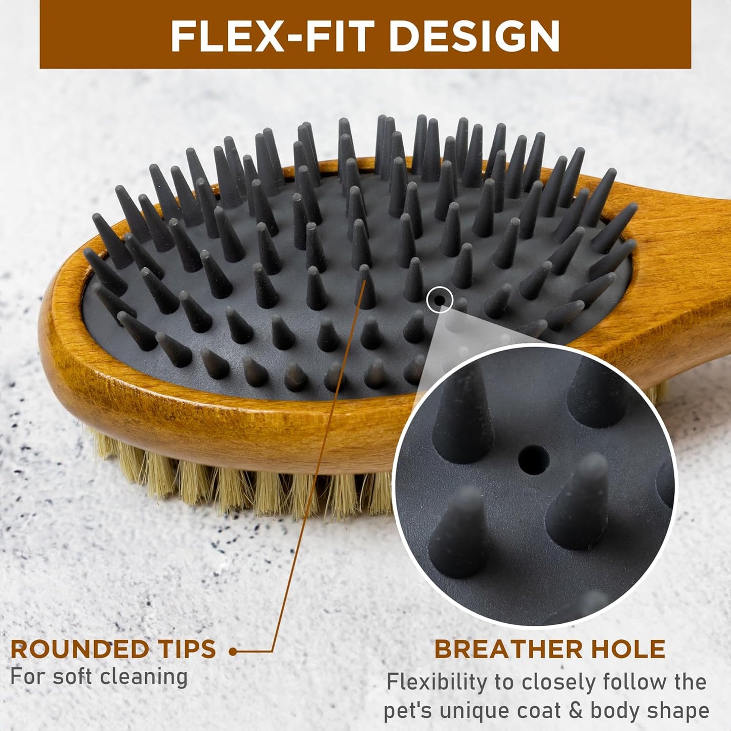 Short Hair Dog & Cat Deshedding Brush - Double Sided Grooming Tool with Silicone Massage & Bristle Sides - Removes Loose Fur & Dirt - Wood Handle