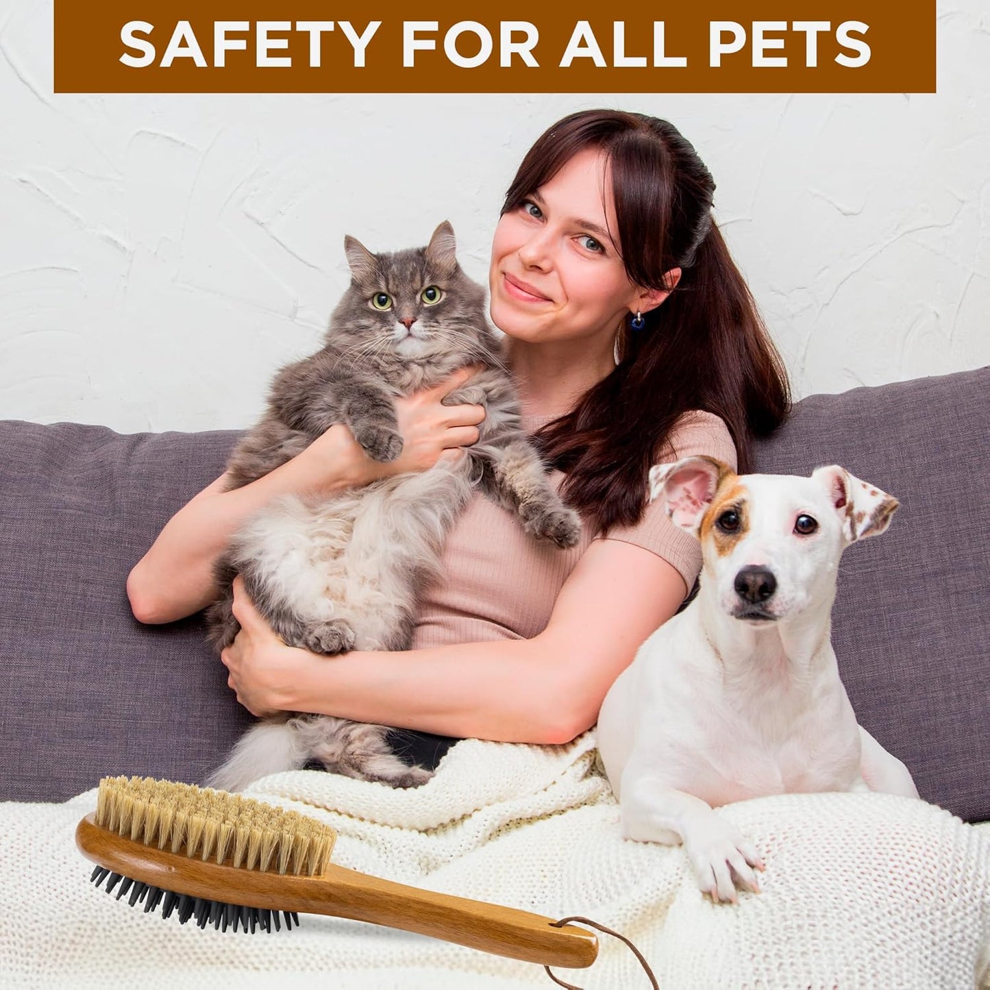 Short Hair Dog & Cat Deshedding Brush - Double Sided Grooming Tool with Silicone Massage & Bristle Sides - Removes Loose Fur & Dirt - Wood Handle