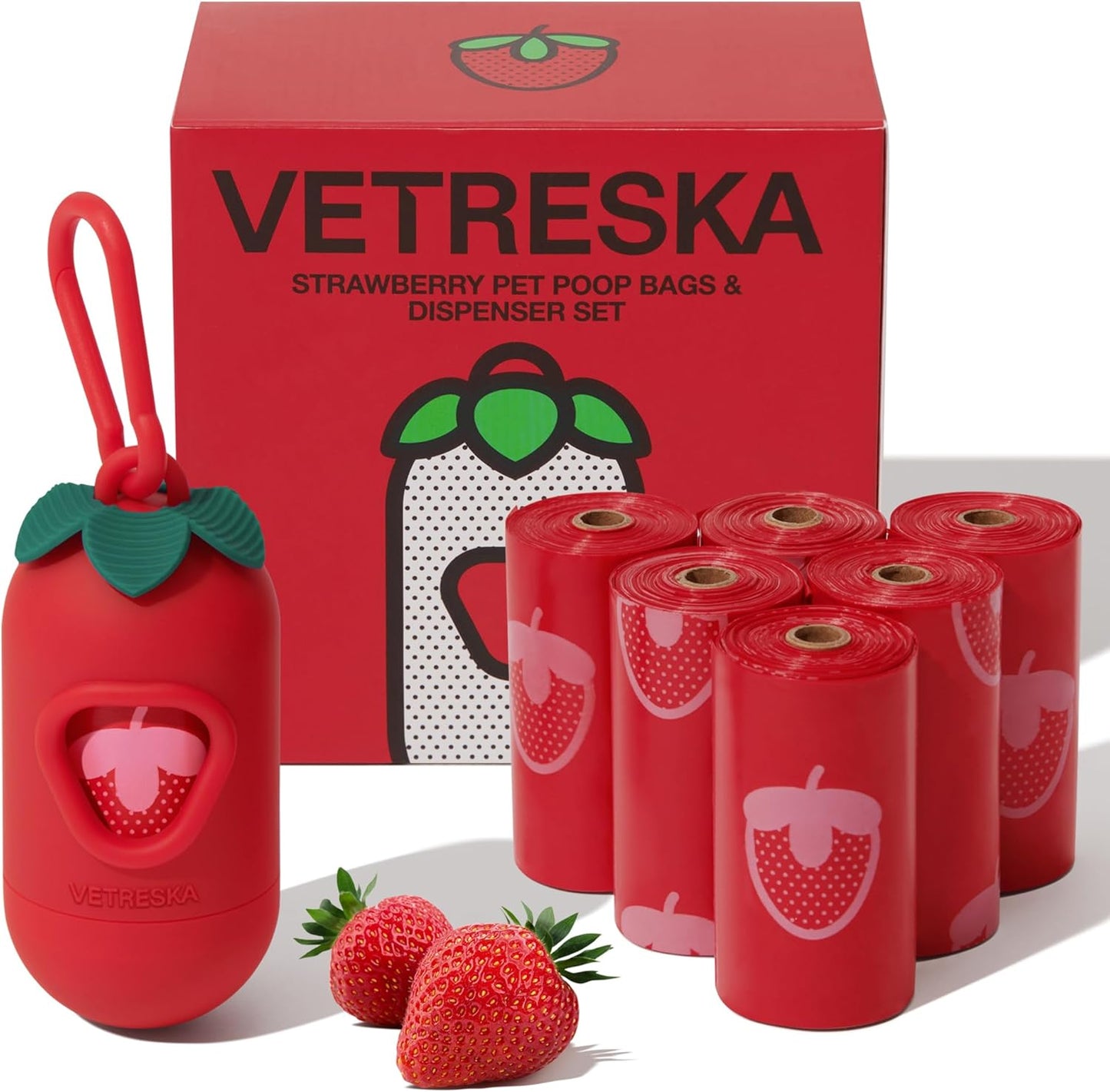 Dog Poop Bag Dispenser with Strawberry Scented Bags, Leak Proof, Extra Thick and Large Pet Waste Bags,1 Count Bag Holder and 105 Bags (7 Refill Rolls) for Walking Dog and Cats Litter, Red