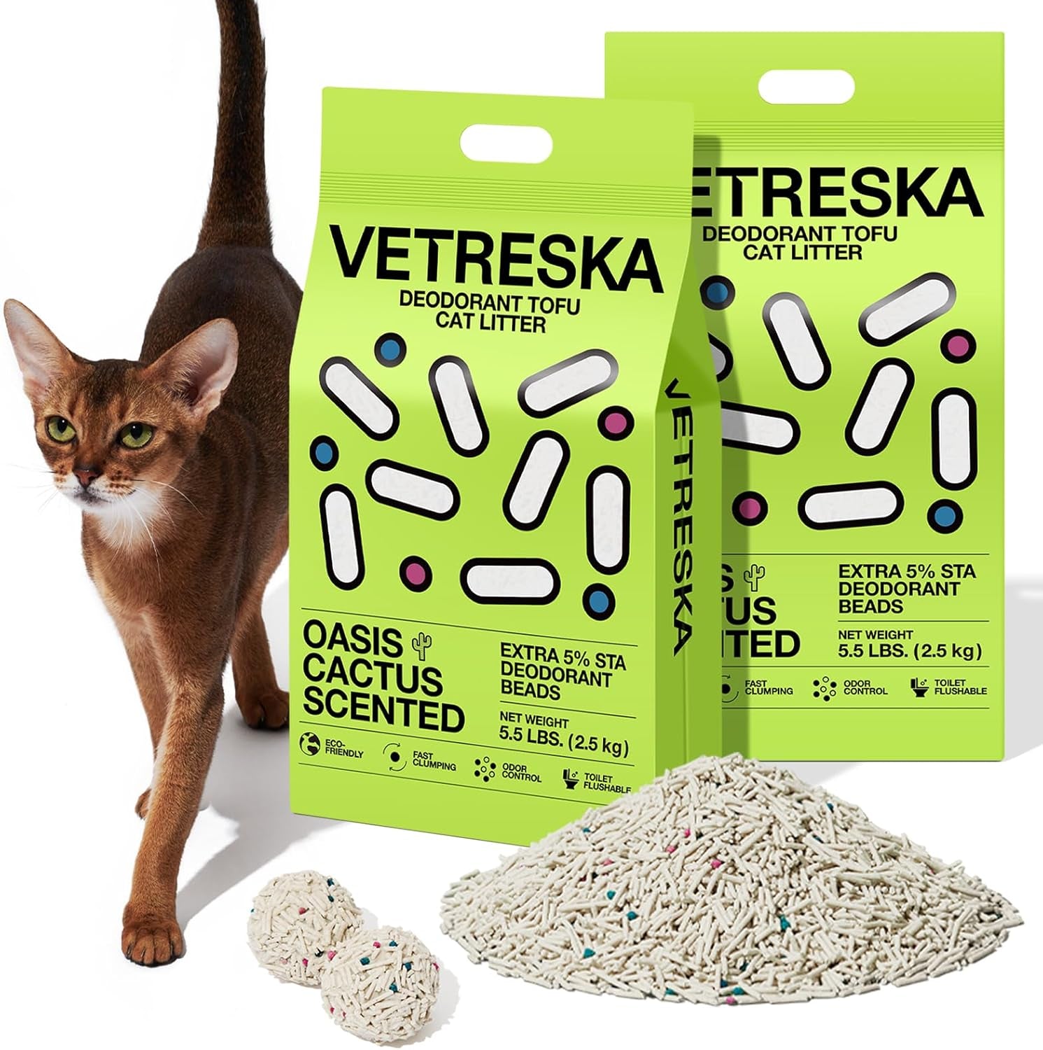 Tofu Cat Litter, Natural Kitty Litter Strong Clumping Flushable Pellets, Ultra Water Absorbent Deodorant Tofu Litter, Dust-Free Low Tracking Cat Litter, Cactus(5.5Lb×2Bags)