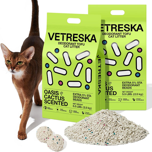Tofu Cat Litter, Natural Kitty Litter Strong Clumping Flushable Pellets, Ultra Water Absorbent Deodorant Tofu Litter, Dust-Free Low Tracking Cat Litter, Cactus(5.5Lb×2Bags)
