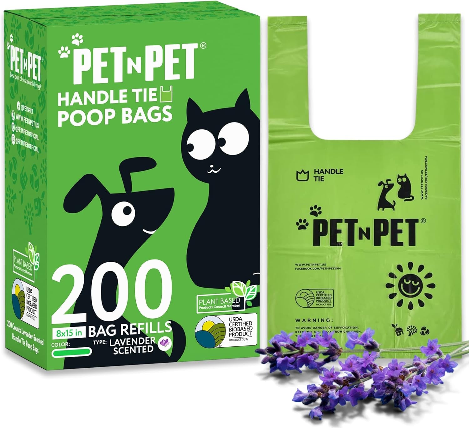 200 Counts Lavender Scented Dog Poop Bags Rolls with Tie Handles, 38% Plant Based & 62% PE Poop Bags for Dogs, Extra-Thick Doggie Poo Bag, Pet Waste Bag
