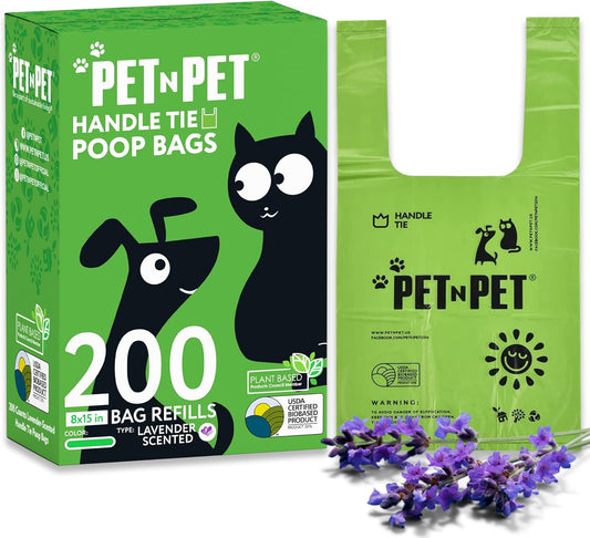 200 Counts Lavender Scented Dog Poop Bags Rolls with Tie Handles, 38% Plant Based & 62% PE Poop Bags for Dogs, Extra-Thick Doggie Poo Bag, Pet Waste Bag