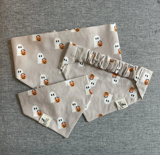 Ghost Trick or Treat Scrunchie Dog Bandana, Halloween Pet Accessories, Fall Bandanas