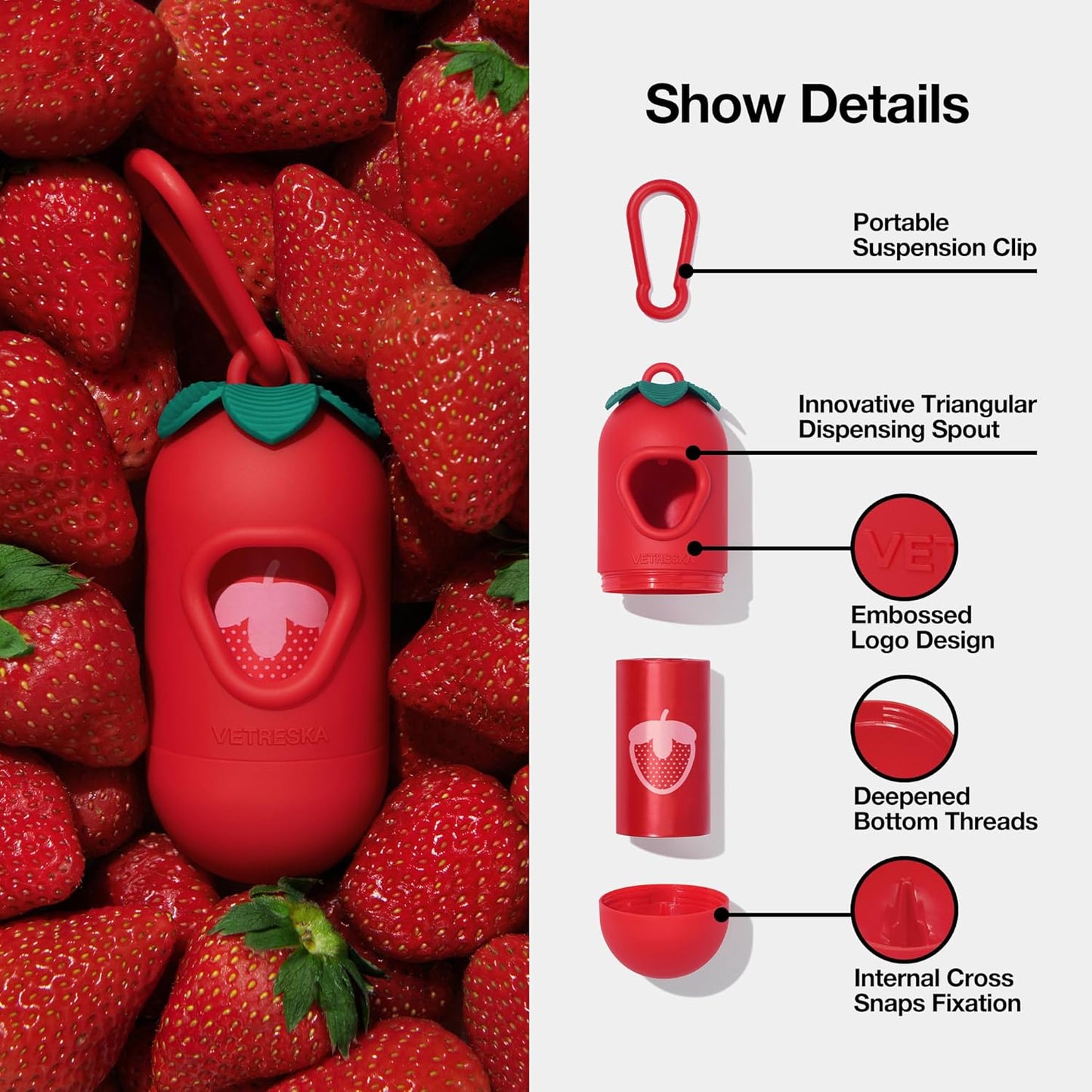 Dog Poop Bag Dispenser with Strawberry Scented Bags, Leak Proof, Extra Thick and Large Pet Waste Bags,1 Count Bag Holder and 105 Bags (7 Refill Rolls) for Walking Dog and Cats Litter, Red