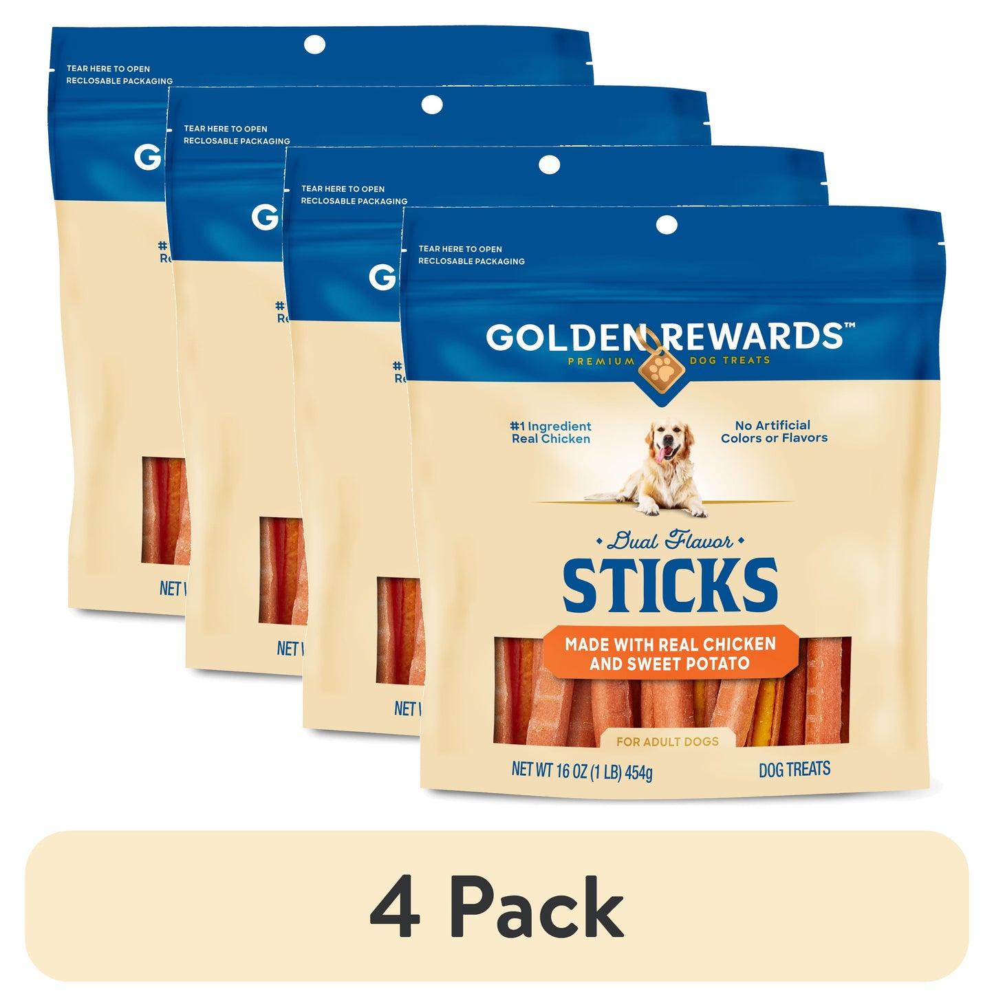 (4 Pack)  Chicken and Sweet Potato Dual Flavor Treat Sticks for Dogs, 16 Oz Bag