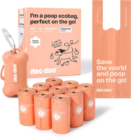Dog Poop Bags with Handles 9 Rolls 108 Counts Big Sizes Leak Proof and Extra Thick Waste Bags Refill Rolls for Walking Small Medium Large Dogs Cats Litter with Holder Peach Scented