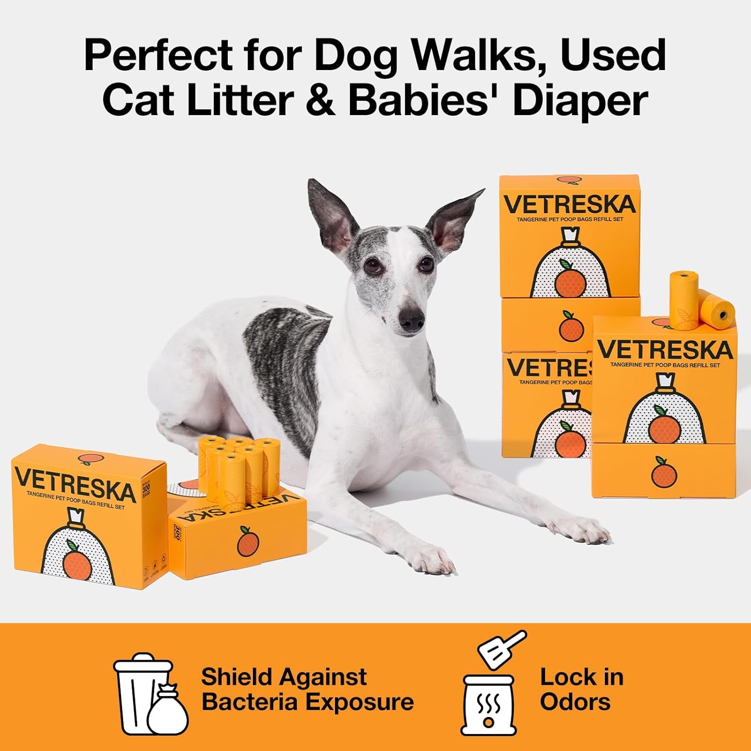 Citrus Scented Dog Poop Bags, Leak Proof, Extra Thick and Large Pet Waste Bags for Dogs Walking, Cat Litter and Babies' Diaper, 300 Count Bags (20 Refill Rolls), Orange