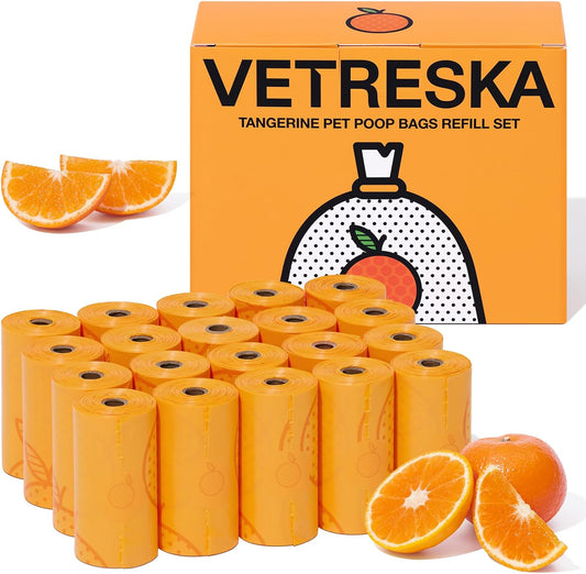 Citrus Scented Dog Poop Bags, Leak Proof, Extra Thick and Large Pet Waste Bags for Dogs Walking, Cat Litter and Babies' Diaper, 300 Count Bags (20 Refill Rolls), Orange