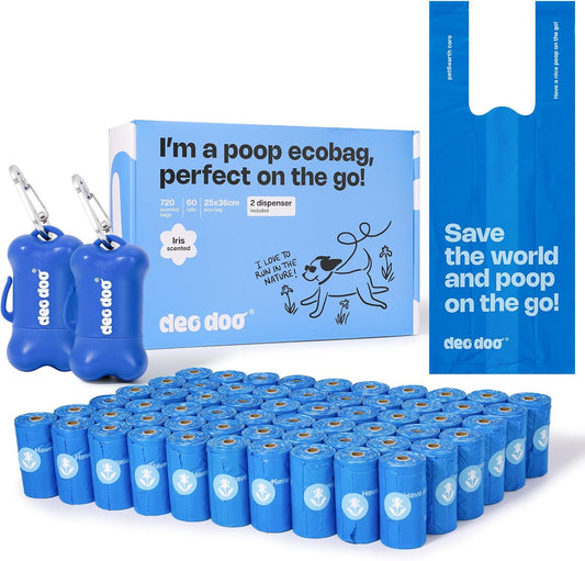 Dog Poop Bags with Handles 60 Rolls 720 Counts Big Sizes Leak Proof and Extra Thick Waste Bags Refill Rolls for Walking Small Medium Large Dogs Cats Litter with 2 Dispensers Iris Scented