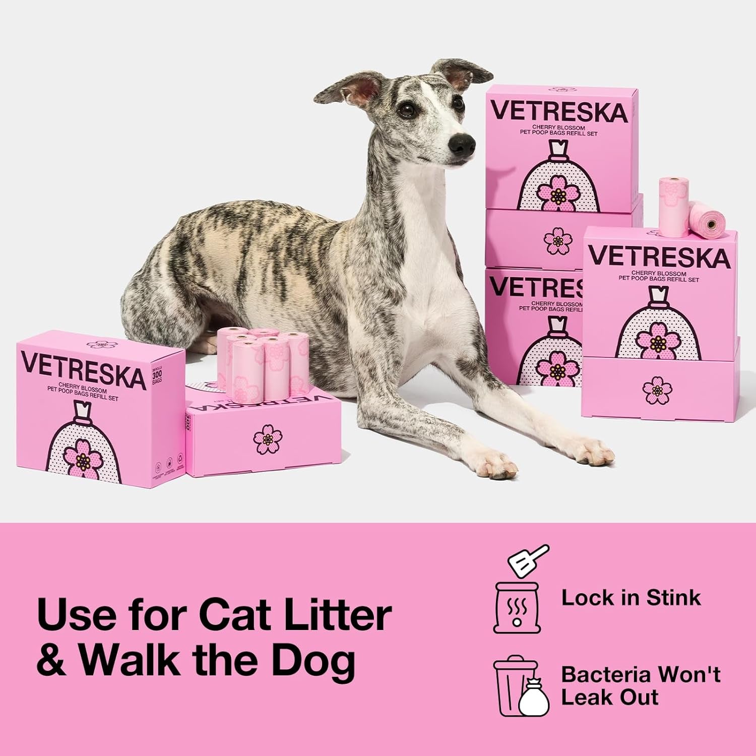 Cherry Blossom Scented Dog Poop Bags, Leak Proof, Extra Thick and Large Pet Waste Bags for Dog Walking and Cat Litter, 20 Refill Rolls, 300 Bags, Pink