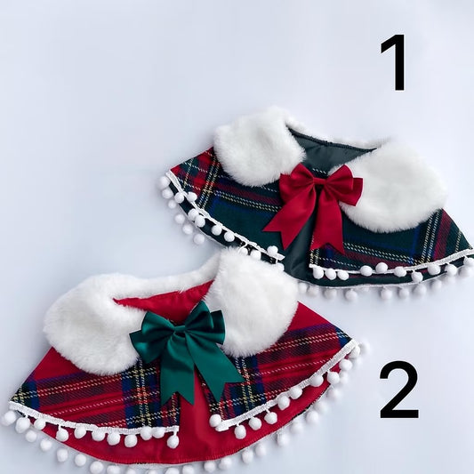 Christmas Dog Bandana with Faux Fur, Plaid Pet Cape with Bow, Holiday Dog Scarf, Cute Cat Outfit, Winter Pet Clothes, Gift for Pets