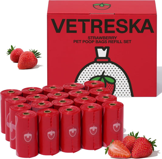 Strawberry Scented Dog Poop Bags, Leak Proof, Extra Thick and Large Pet Waste Bags for Dogs Walking and Cat Litter, 20 Refill Rolls, 300 Bags, Red