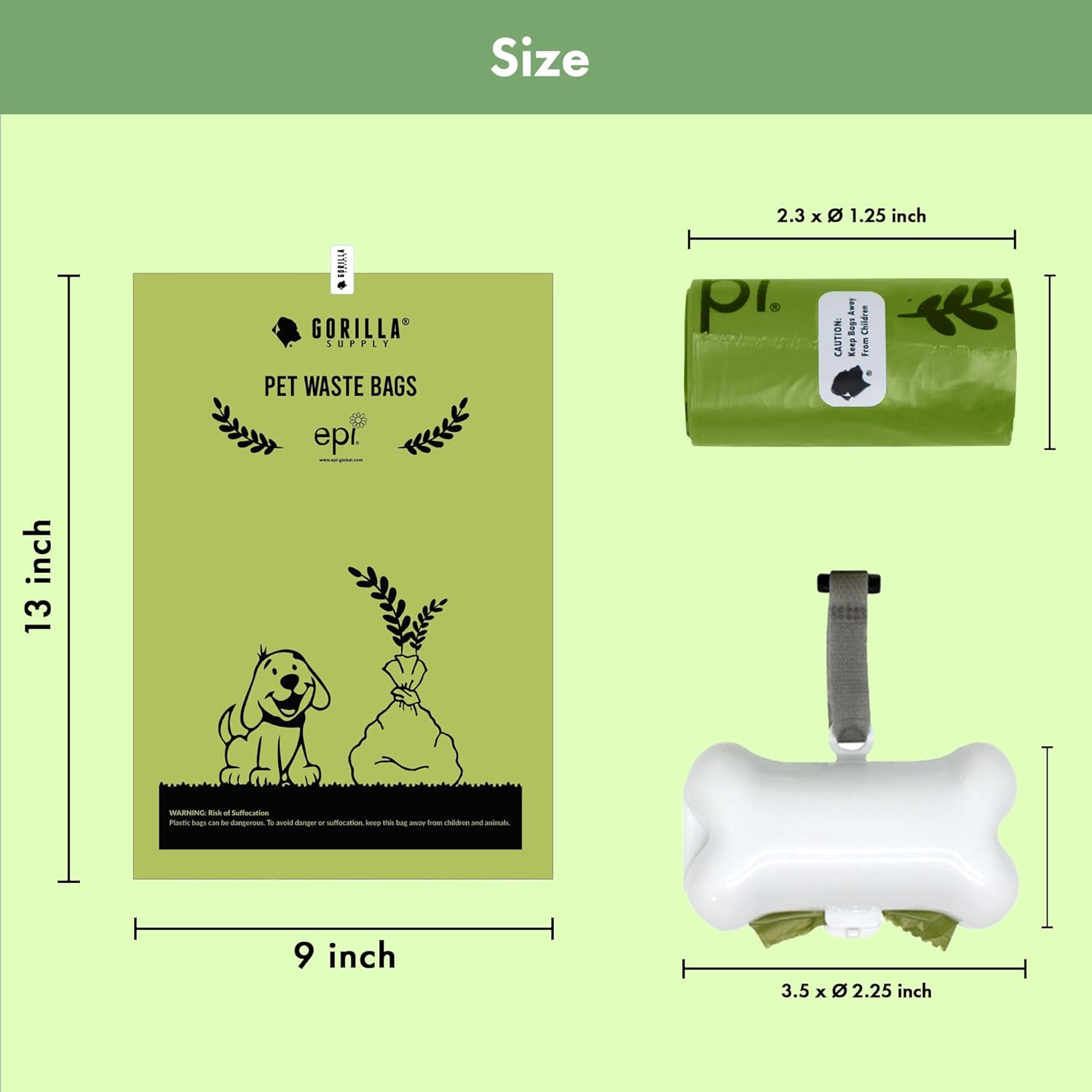 Dog Poop Waste Bags with Dispenser and Leash Tie, 9" X 13", Green, 1000 Count