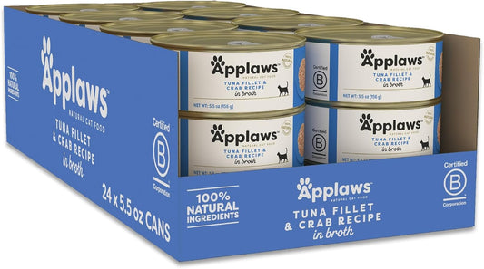 Natural Wet Canned Cat Food, Limited and Natural Ingredients, High Protein with No Artificial Additives, Tuna Fillet & Crab in Broth (24 X 5.5Oz Cans)