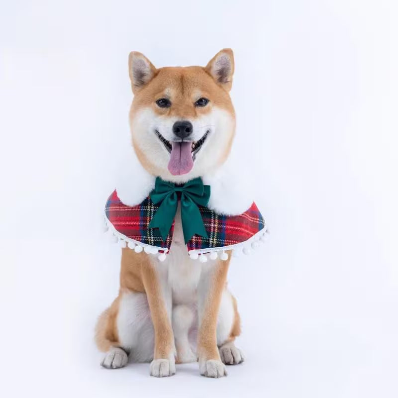 Christmas Dog Bandana with Faux Fur, Plaid Pet Cape with Bow, Holiday Dog Scarf, Cute Cat Outfit, Winter Pet Clothes, Gift for Pets