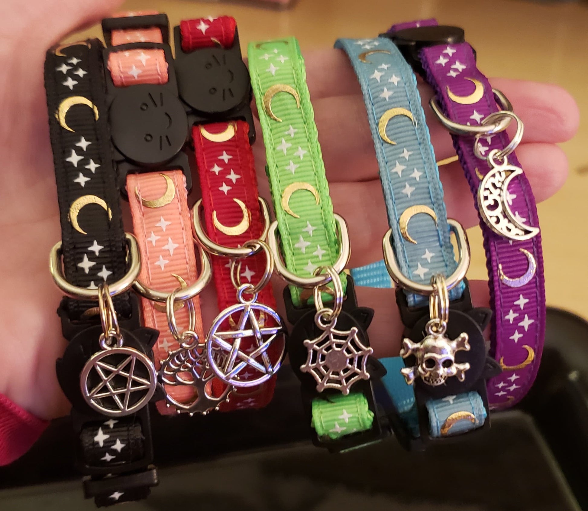 Full Moon Charged Glow in the Dark Witchy Cat Collars 6 Color Choices 9 Charm Choices NEW Triple Moon Lucifer Sigil Triquetra