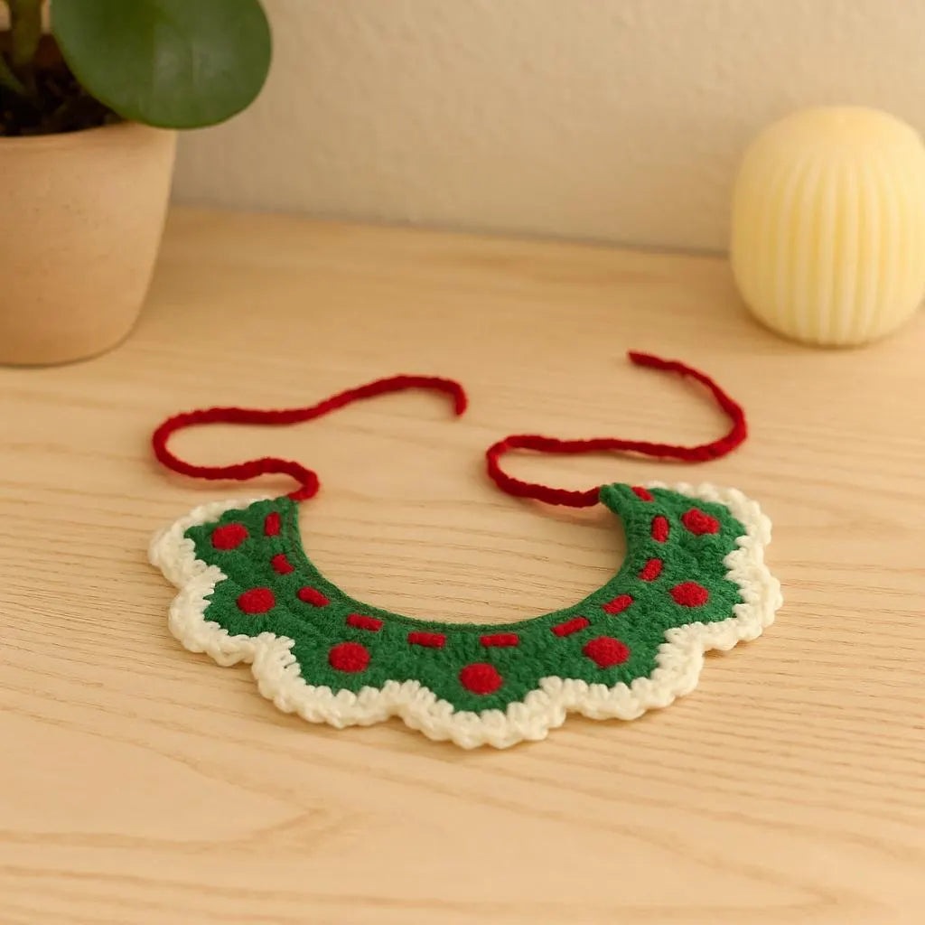 Handmade Crochet Pet Collar: Adjustable Green Cat & Dog Costume