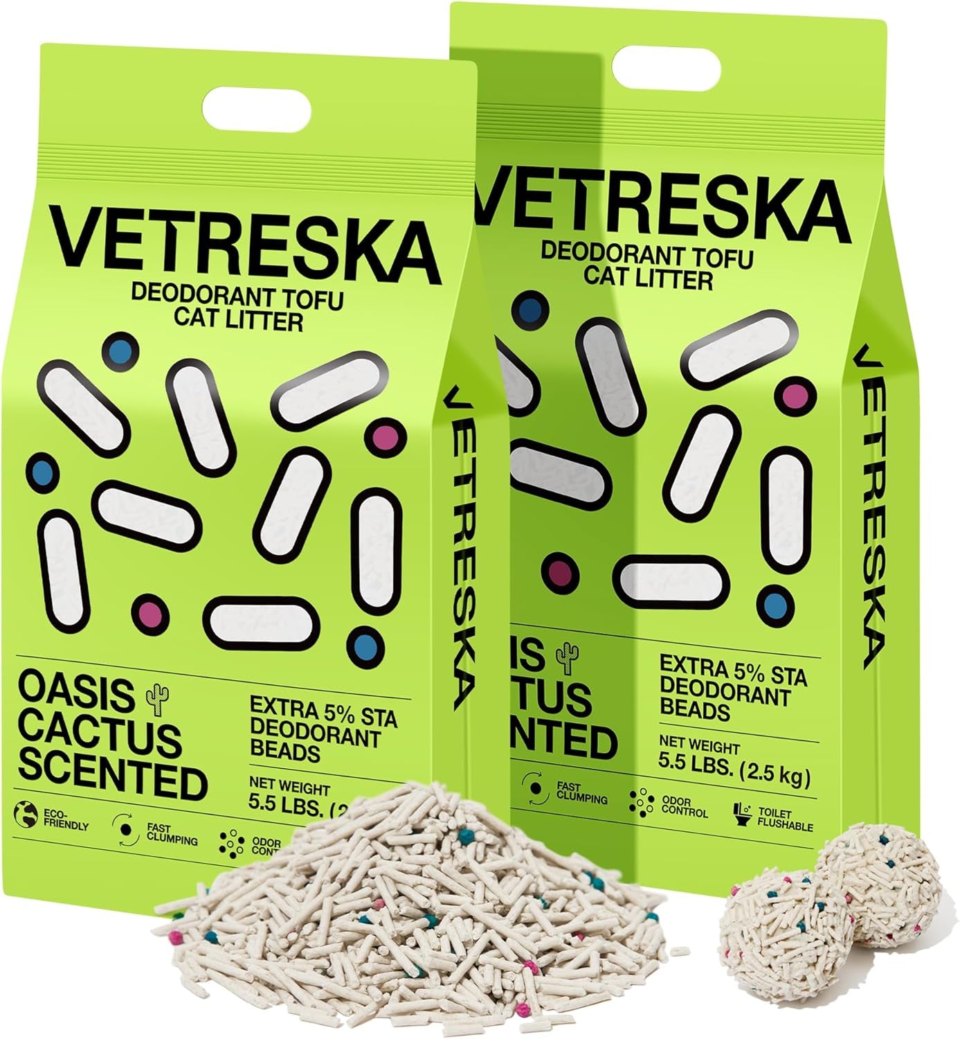 Tofu Cat Litter, Natural Kitty Litter Strong Clumping Flushable Pellets, Ultra Water Absorbent Deodorant Tofu Litter, Dust-Free Low Tracking Cat Litter, Cactus(5.5Lb×2Bags)
