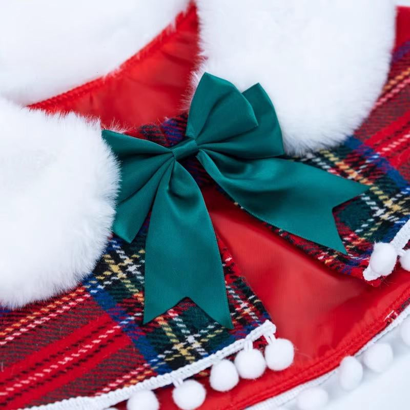 Christmas Dog Bandana with Faux Fur, Plaid Pet Cape with Bow, Holiday Dog Scarf, Cute Cat Outfit, Winter Pet Clothes, Gift for Pets