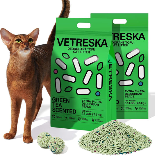 Tofu Cat Litter,Natural Kitty Litter Strong Clumping Flushable Cat Litter Pellets Ultra Absorbent,Odor Control,Dust-Free,Low Tracking Eco-Friendly Tofu Litter,Greentea(5.5Lb×2Bags)