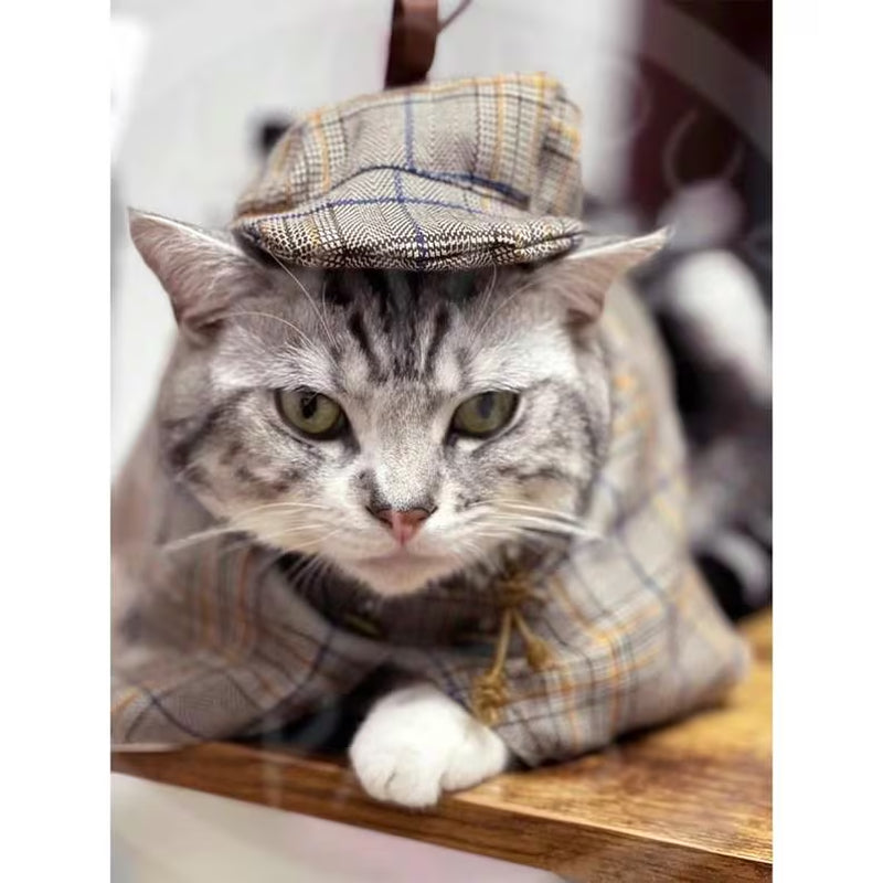 Cat Detective Costume Halloween, Sherlock Holmes Cape & Deerstalker Hat for Cats and Dogs, Pet Detective Outfit Funny Costume Party Dress Up