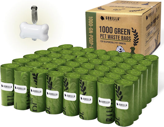 Dog Poop Waste Bags with Dispenser and Leash Tie, 9" X 13", Green, 1000 Count