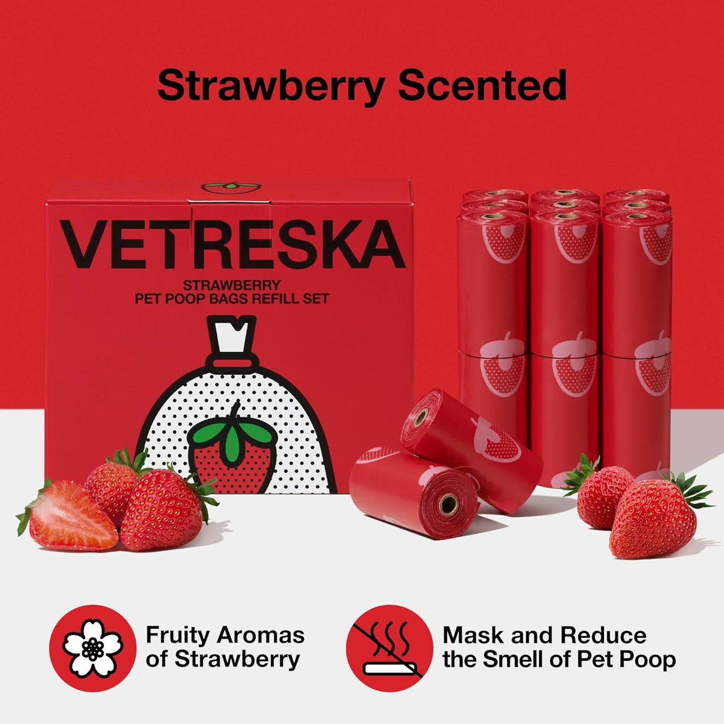 Strawberry Scented Dog Poop Bags, Leak Proof, Extra Thick and Large Pet Waste Bags for Dogs Walking and Cat Litter, 20 Refill Rolls, 300 Bags, Red
