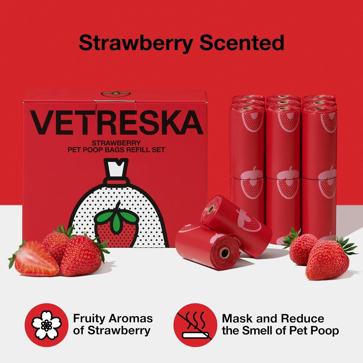Strawberry Scented Dog Poop Bags, Leak Proof, Extra Thick and Large Pet Waste Bags for Dogs Walking and Cat Litter, 20 Refill Rolls, 300 Bags, Red