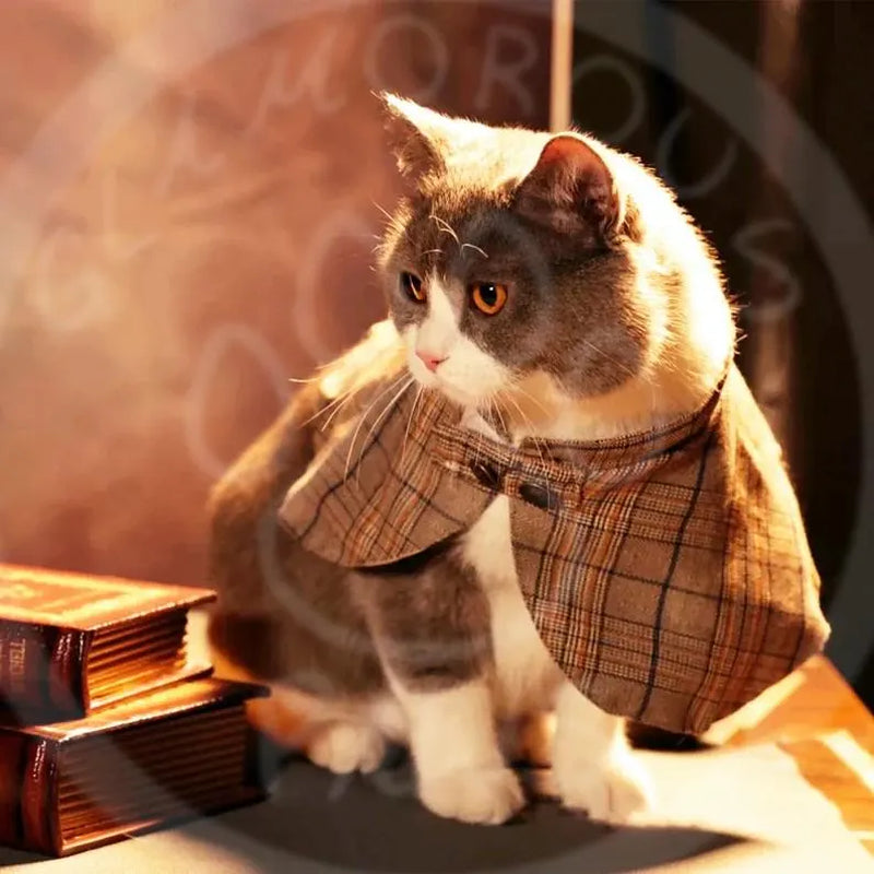 Cat Detective Costume Halloween, Sherlock Holmes Cape & Deerstalker Hat for Cats and Dogs, Pet Detective Outfit Funny Costume Party Dress Up