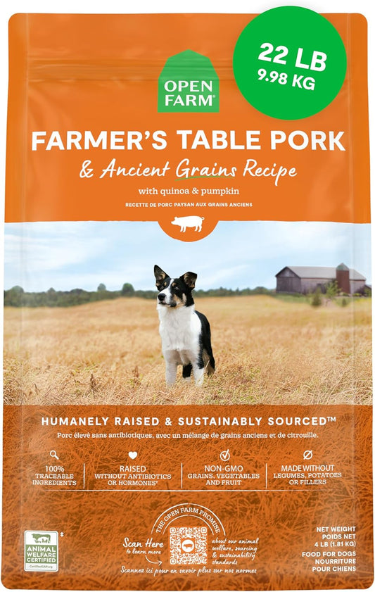 , Ancient Grains Dry Dog Food, Protein-Rich & Nutrient Dense, 90% Animal Protein Mixed with Non-Gmo Fruits, Veggies and Superfoods, Farmer'S Table Pork Recipe, 22Lb Bag