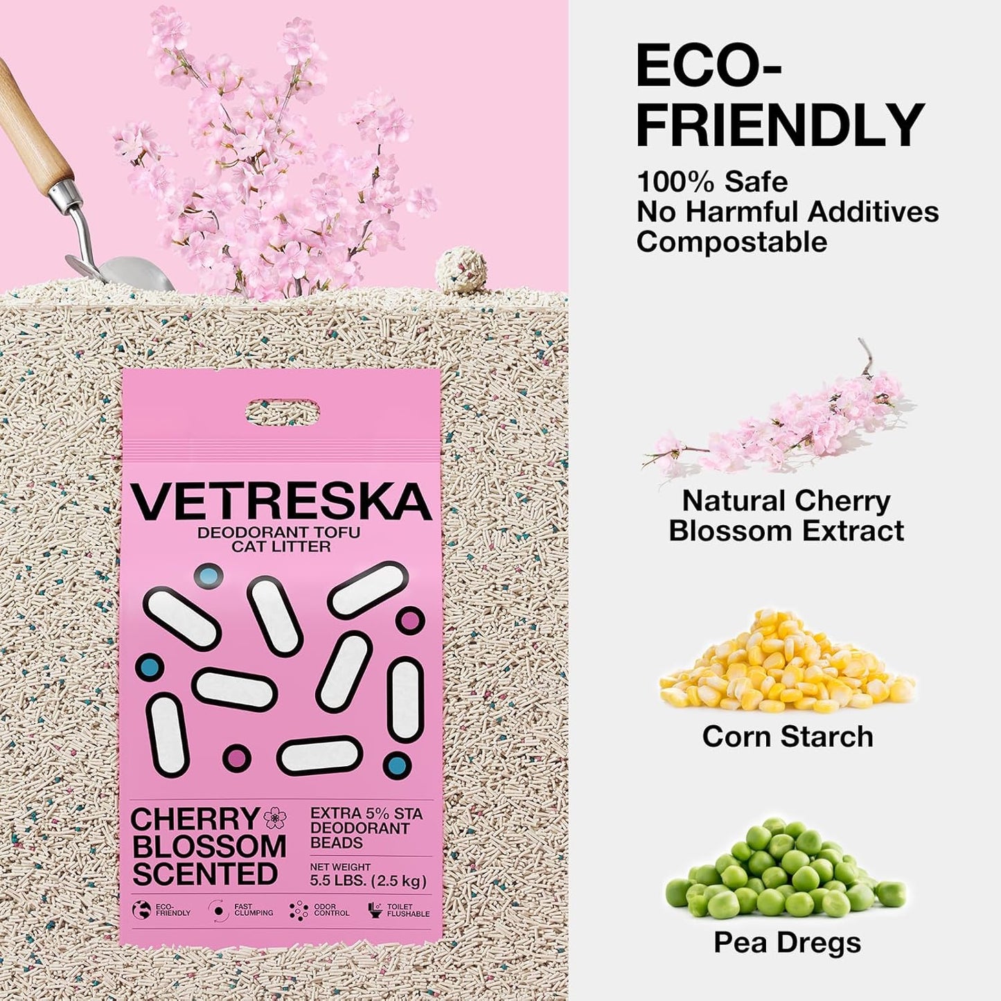 Cherry Blossom Tofu Cat Litter,Natural Kitty Litter Strong Clumping Flushable Cat Litter Pellets Ultra Absorbent,Dust-Free,Low Tracking,Deodorant Tofu Litter Compostable(5.5Lb×2Bags)